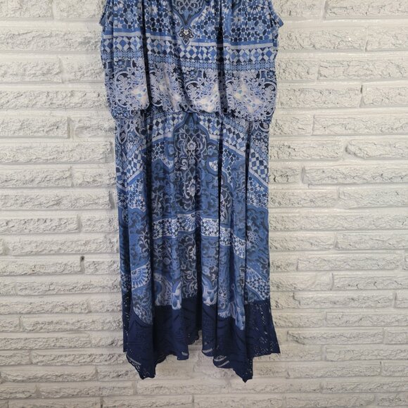 Style Co XL Fit & Flare Dress Blue White Geometric Asymmetric Lace Hem GEO81E - Picture 5 of 11